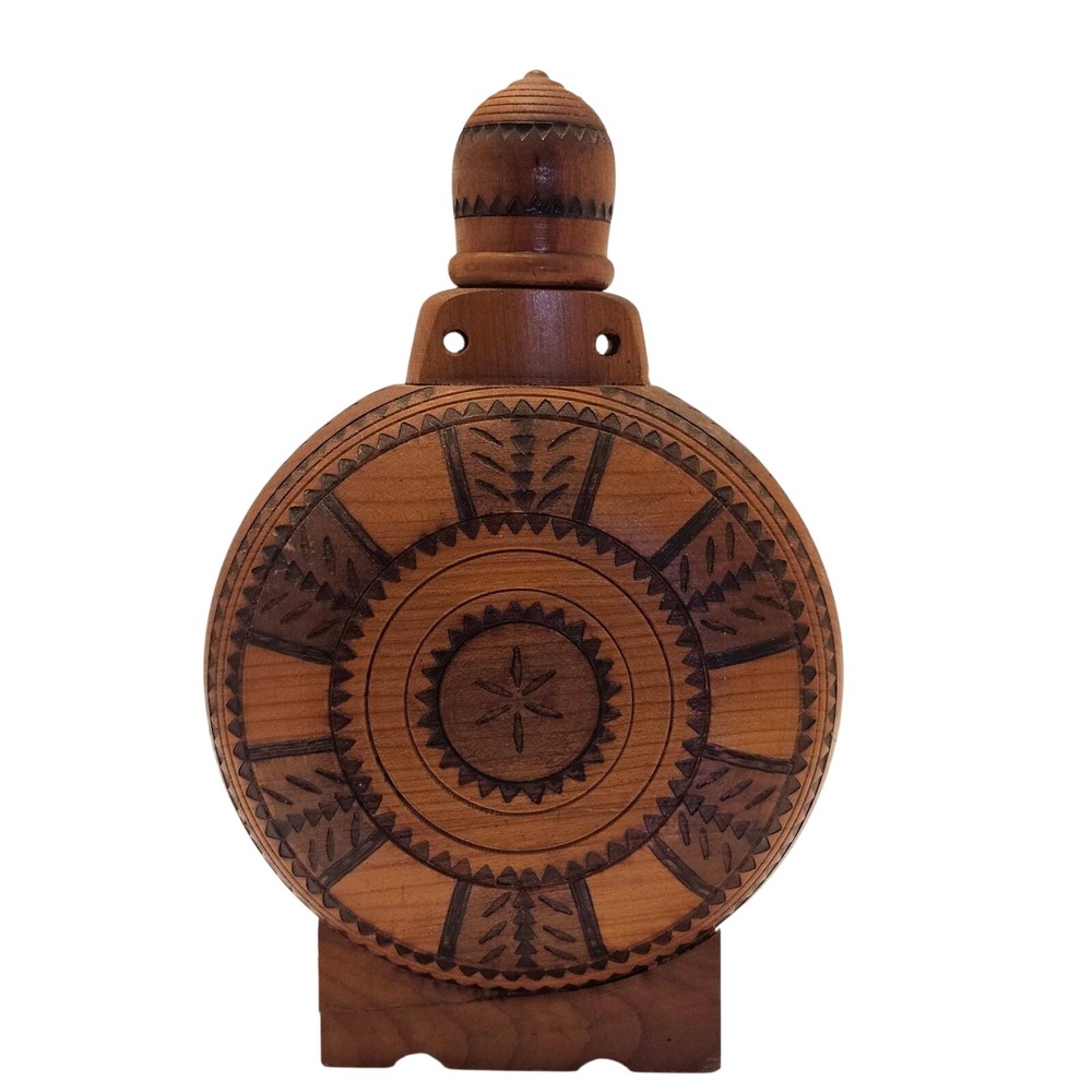 Vintage Romanian Hand Carved Wooden Canteen Flask Pyrography Folk Art Decor